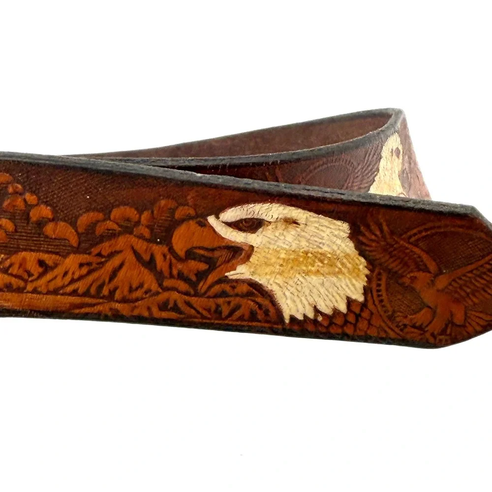 Vintage Tooled Leather Eagle Belt Unisex 36 Brown Western Mountains Distressed
